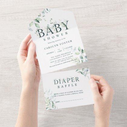 Botanical Letter Girl Baby Shower | Diaper Raffle  All In One Invitation