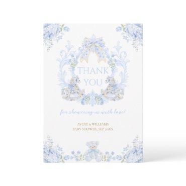 Bow Floral Crest Rustic Blue Boy Baby Shower Thank You Card