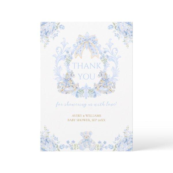 Bow Floral Crest Rustic Blue Boy Baby Shower Thank You Card