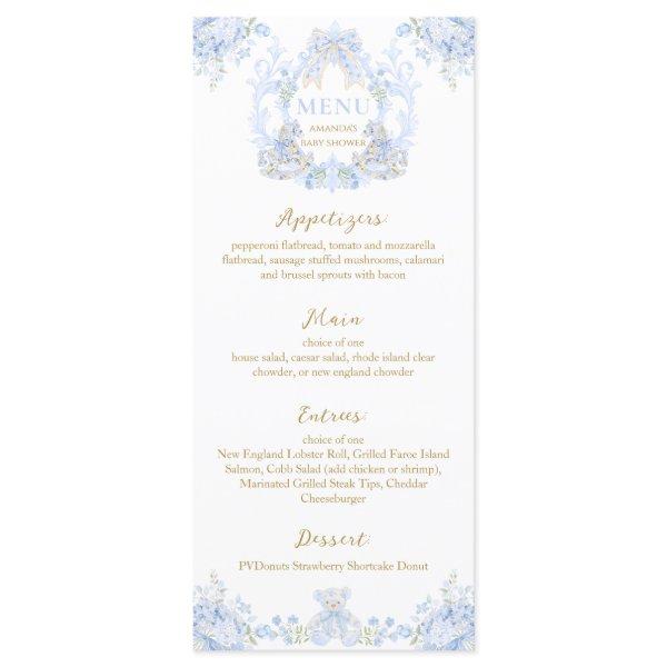 Bow Floral Crest Rustic Elegant Blue Baby Boy Show Menu