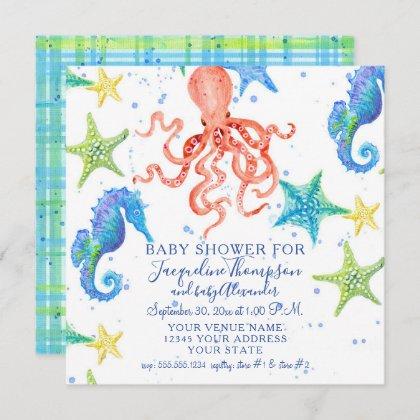 Boy Baby Shower Beach Starfish Octopus Seahorse Invitation