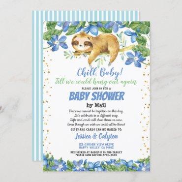 Boy baby shower by mail sloth blue flower invitation