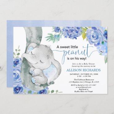 Boy baby shower, elephant floral blue watercolors invitation