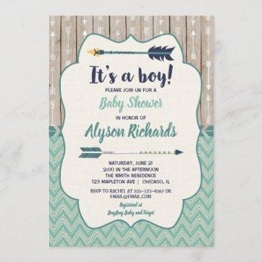 Boy baby shower invitations, tribal arrow teal invitation