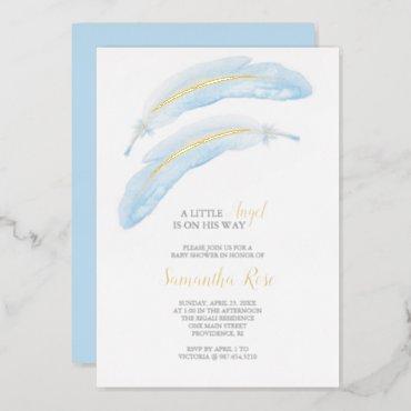 Boy Baby Shower Watercolor Blue Feather Foil Invitation