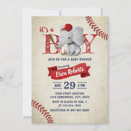 Boy Cute Elephant Baseball Baby Shower Invitation