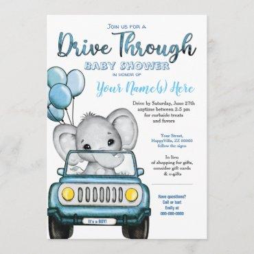 Boy Drive Through Baby Shower Elephant in Car Invitation