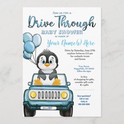 Boy Drive Through Baby Shower Penguin in Car