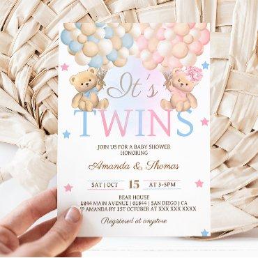 Boy Girl Twins Bear With Balloons