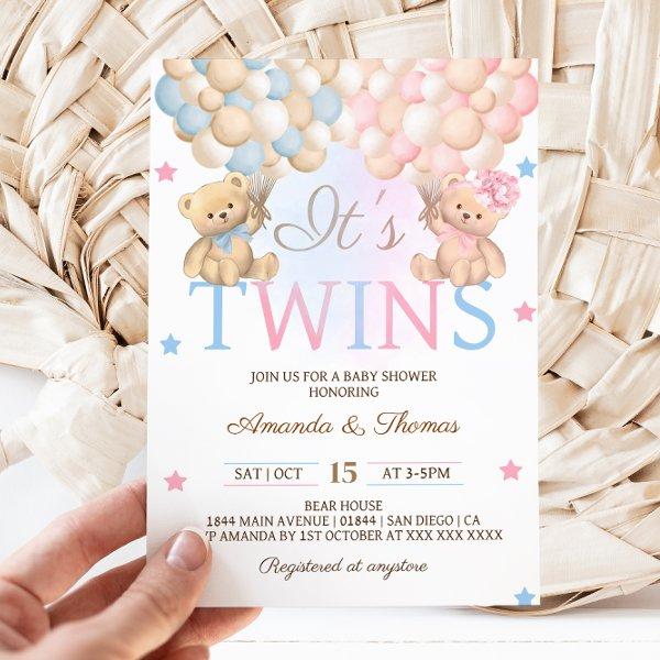 Boy Girl Twins Bear With Balloons