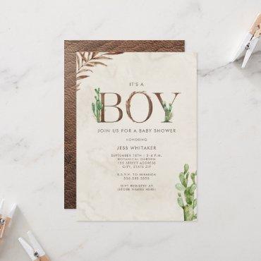 Boy Leather Inspired Western Cactus Baby Shower Invitation