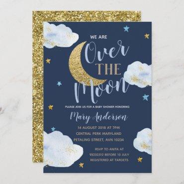 Boy Moon Lilac Blue and Gold Baby Shower Invitation