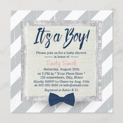 Boy Navy Blue Bow Tie Grey Stripes Baby Shower #2 Invitation