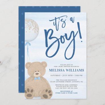 Boy Teddy Bear Blue Balloon Baby Shower Invitation