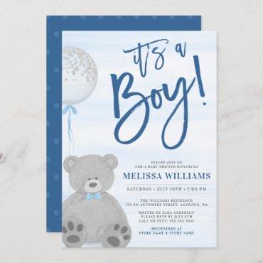 Boy Teddy Bear Blue Gray Balloon Baby Shower Invitation