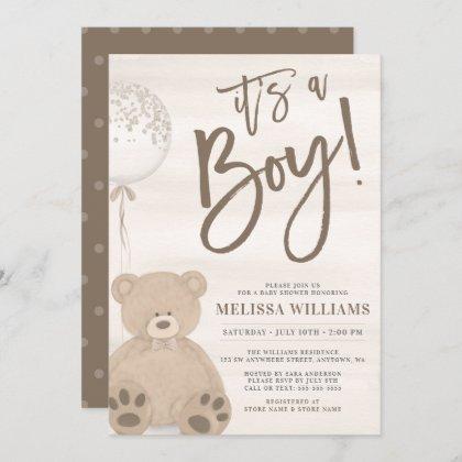 Boy Teddy Bear Tan Balloon Baby Shower Invitation