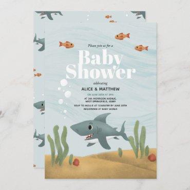 Boys Cute Blue Ocean Sea Shark Baby Shower Invitation