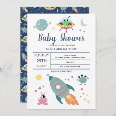 Boys Cute Modern Space Alien Rocket Baby Shower Invitation