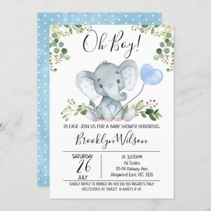 Boy's Elephant Watercolor Baby Shower Invitation