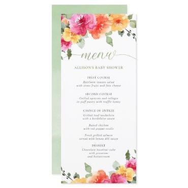 Bright floral hot pink orange baby shower menu