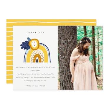 Bright Navy Yellow Flora Rainbow Photo Baby Shower Thank You Card