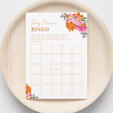 Bright Pink Orange Floral Baby Shower Bingo Game