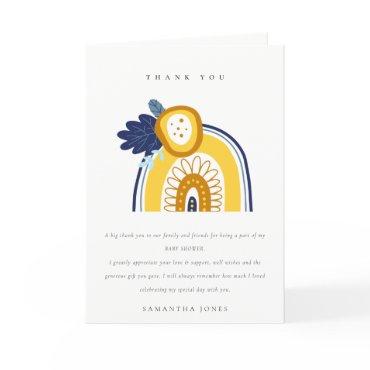 Bright Yellow Navy Boho Floral Rainbow Baby Shower Thank You Card