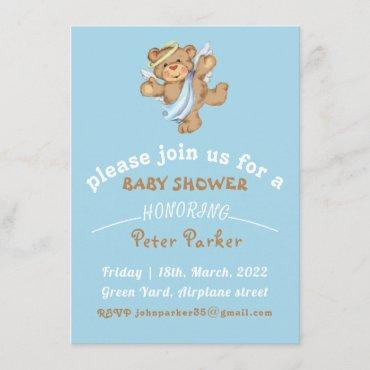brown blue teddy bear Baby Shower invitation