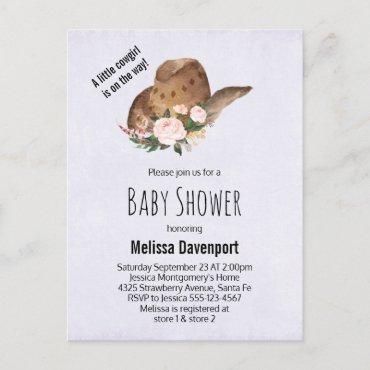 Brown Cowgirl Hat with Pink Flowers Baby Shower Invitation Postcard