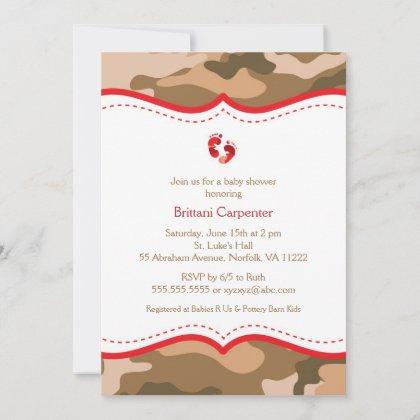 Brown & Red Camo Baby Shower Invitation with feet