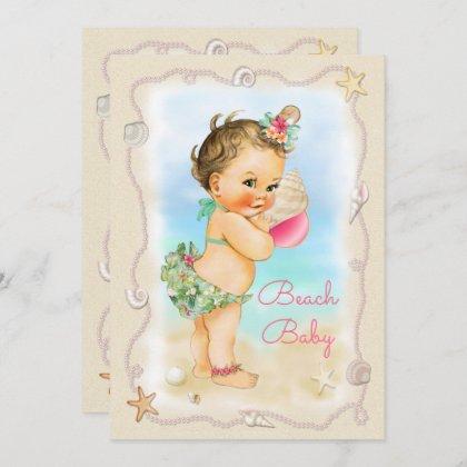 Brunette Beach Baby Conch Shell Baby Shower Invitation