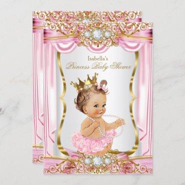 Brunette Girl Princess Baby Shower Pink Silk Gold Invitation