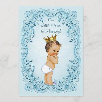 Brunette Little Prince Blue Leaves Baby Shower Invitation