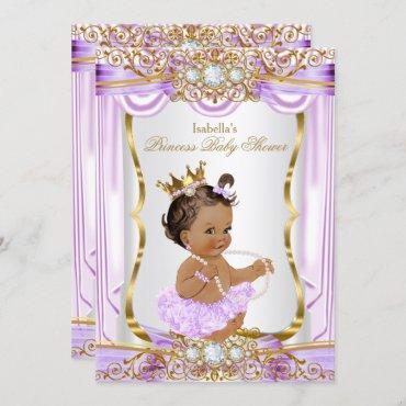 Brunette Princess Baby Shower Purple Silk Gold Invitation