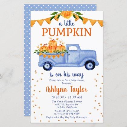 Budget Blue Little Pumpkin Baby Shower Invitation