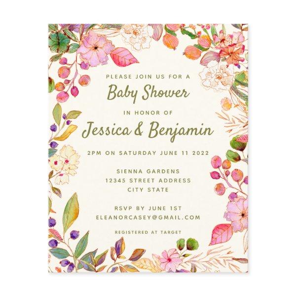 Budget Cute Watercolor Floral Baby Shower Invite