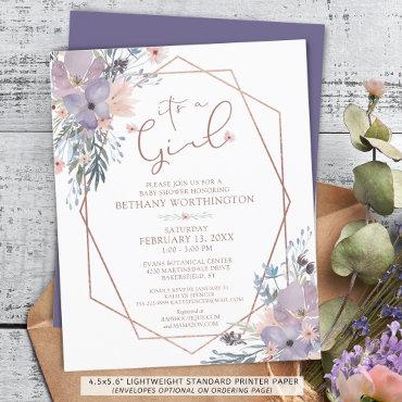 Budget Floral Rose Gold Purple Baby Shower Invite
