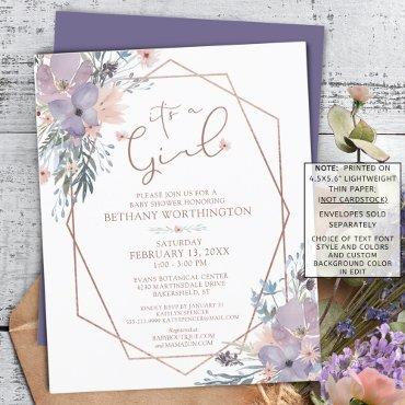 Budget Floral Rose Gold Purple Baby Shower Invite