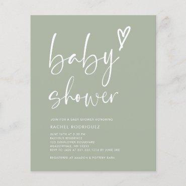 Budget Sage Green Script Heart Baby Shower Invite