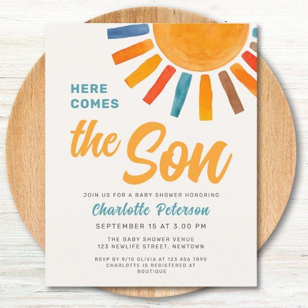 Budget Sun Here Comes the Son Baby Shower Invite