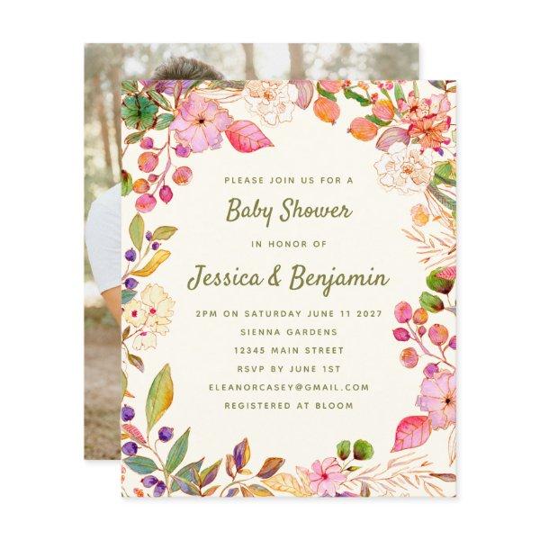 Budget Watercolor Floral Baby Shower Photo Invite