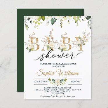 Budget White & Gold Eucalyptus Baby Shower Invite