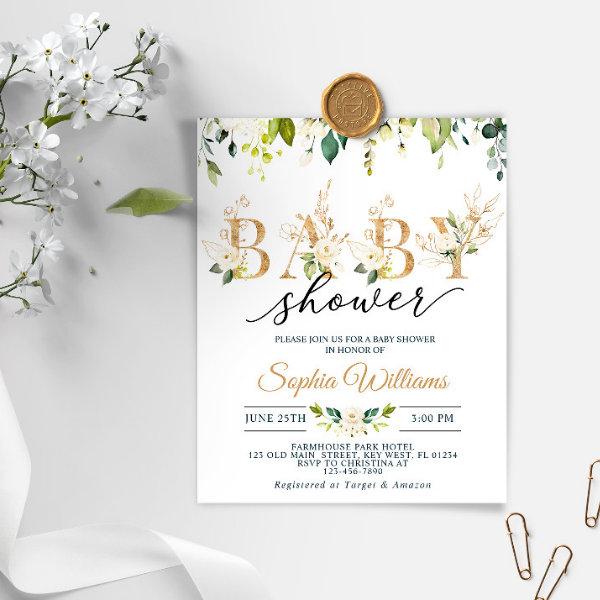 Budget White & Gold Eucalyptus Baby Shower Invite