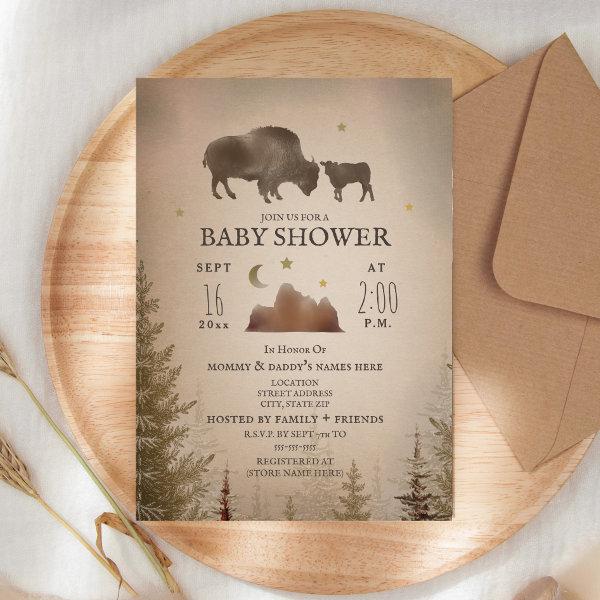 Buffalo Bison Desert Evergreen Baby Shower Rustic
