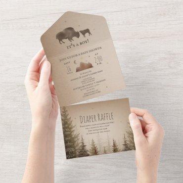 Buffalo Bison Evergreen Diaper Raffle Baby Shower  All In One Invitation