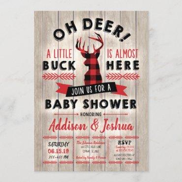 Buffalo Plaid Little Buck Oh Deer Baby Shower Invitation