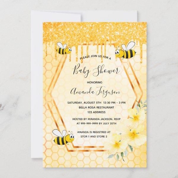 Bumble bee glitter drips gold florals