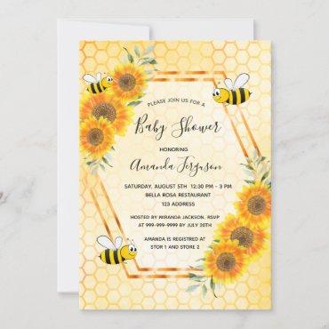 Bumble bee honeycomb sunflowers baby shower invitation