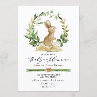 Bunny Book Themed Baby Shower Invitation Greenery