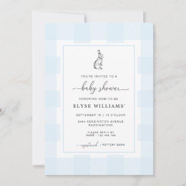 Bunny Rabbit Blue Gingham Baby Shower Invitation